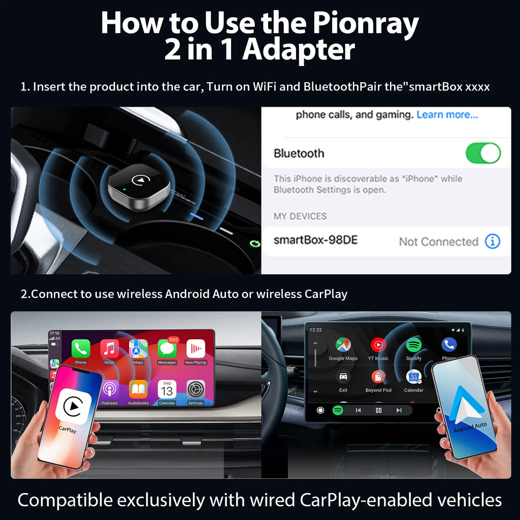 Безжичен 2-в-1 адаптер за CarPlay и Android Auto, 5GHz WiFi, Type-C/USB, Plug & Play за безжичен CarPlay