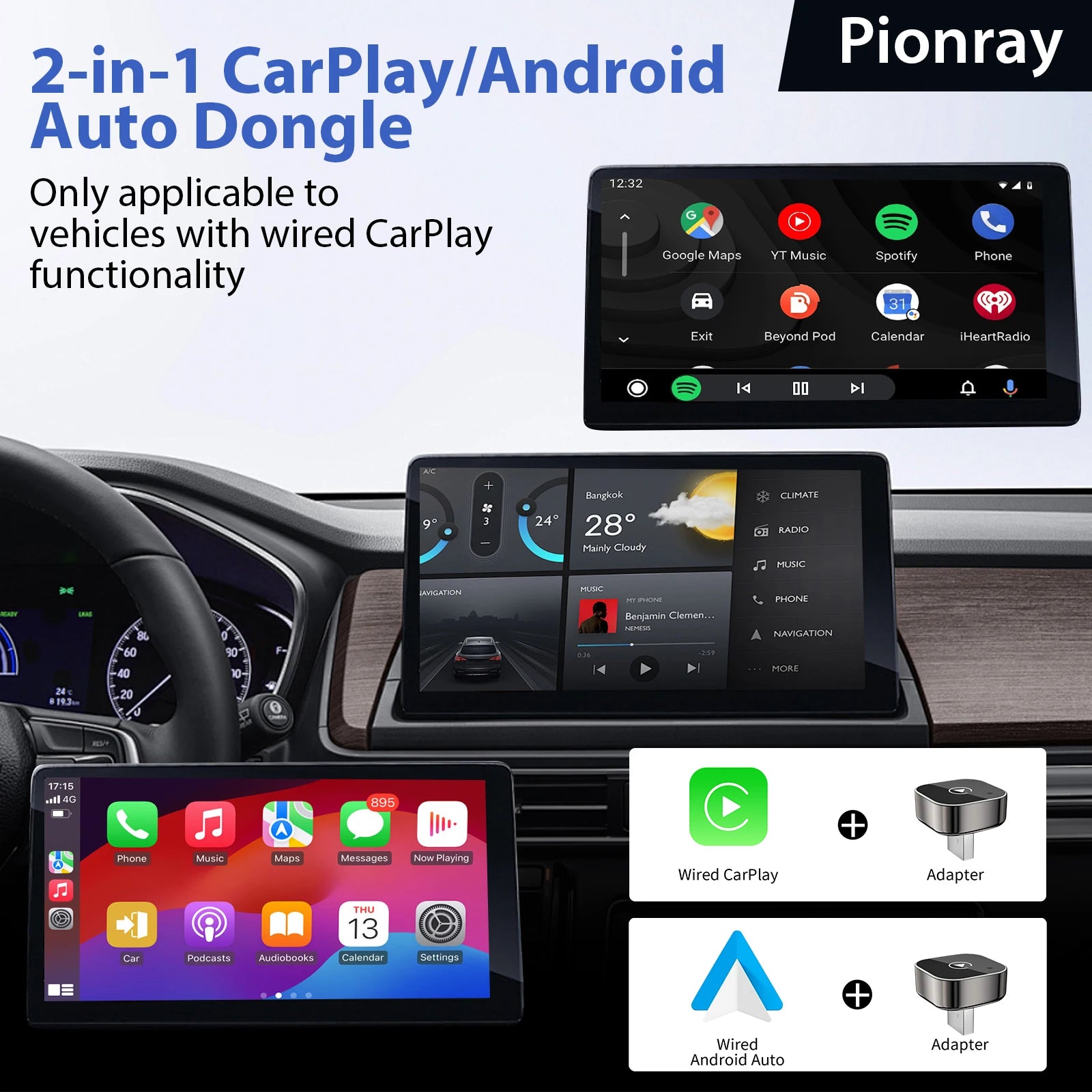 Безжичен 2-в-1 адаптер за CarPlay и Android Auto, 5GHz WiFi, Type-C/USB, Plug & Play за безжичен CarPlay
